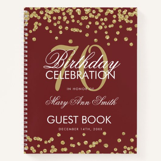 Carnet Gold 70th Birthday Guestbook Confetti Bourgogne (Devant)