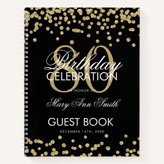 Carnet Gold 80th Birthday Guestbook Confetti Black (Devant)