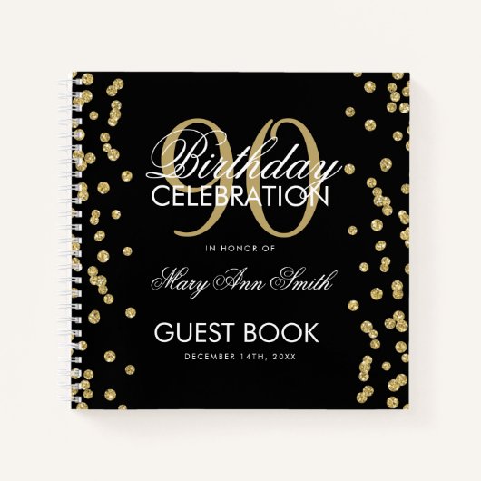 Carnet Gold 90th Birthday Guestbook Confetti Black (Devant)