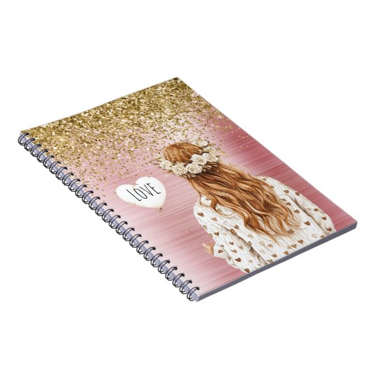 Carnet Gold Glitter White Hearts Balloon Red Head Female (Côté Droit)