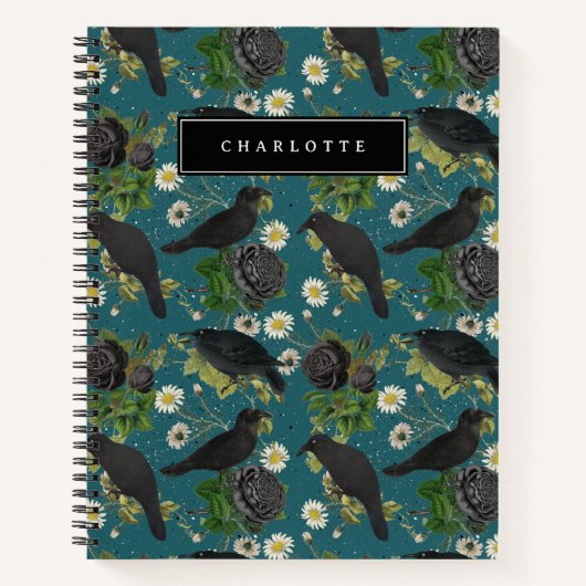 Carnet Goth Crows et Roses noirs Profond Turquoise Motif (Devant)