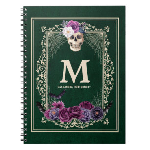 Carnet Gothique Floral Crâne personnalisé Monogramme et n