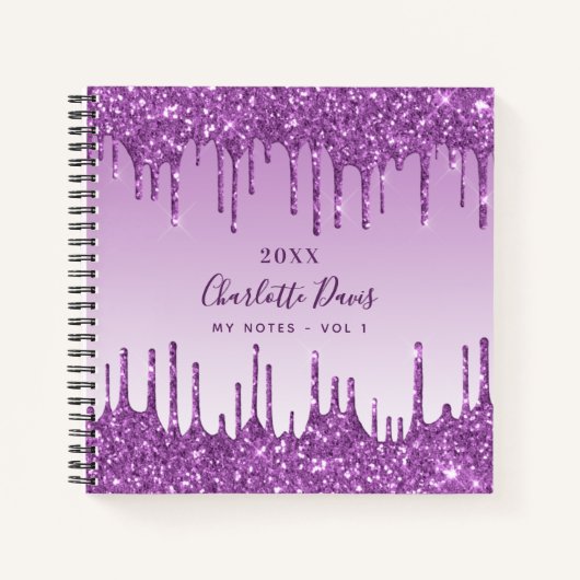 Carnet Gouttes de paillettes violettes, monogramme glamou (Devant)