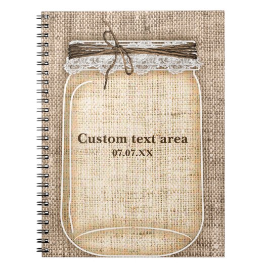 Carnet Grand pot Mason avec toile de jute et dentelle rus (Devant)