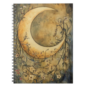 Carnet grande lune croissante entourée de délicates fleur