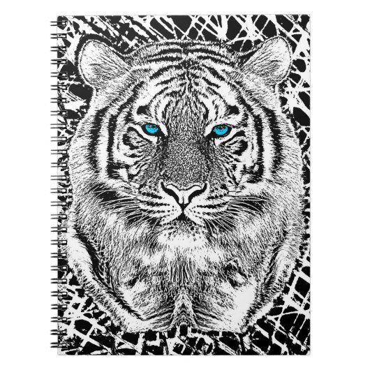 Carnet Graphique de tigre noir et blanc aux yeux bleus (Devant)