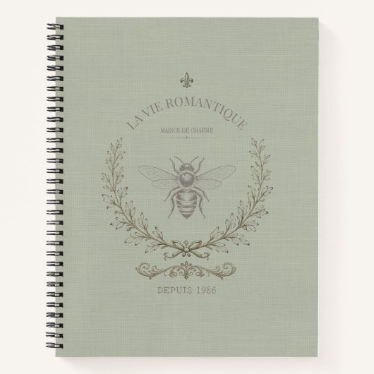 Carnet Gravure de abeille vert sauge | Rustique Campagne (Devant)