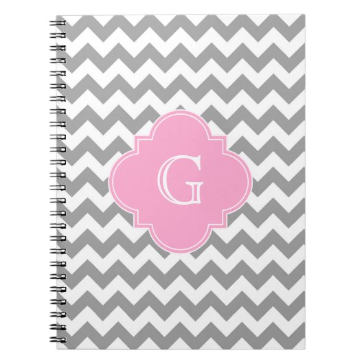 Carnet Gray Wht Chevron Pink Quatrefoil monogram (Devant)