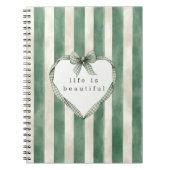 Carnet Green Cream Stripes Heart Bow (Devant)