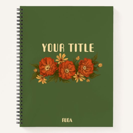 Carnet Green Notebook with red and yellow flowers  (Devant)