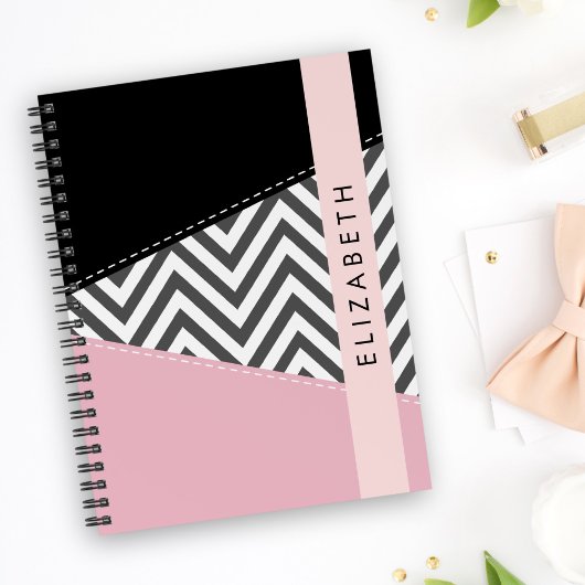 Carnet Grey Zigzag, Grey Chevron, Rose, Votre Nom
