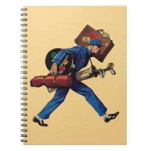 Carnet Groom d'époque en uniforme, valise et club de golf