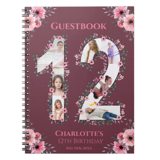 Carnet Gros 12e anniversaire fille photo Collage Fleur ro (Devant)