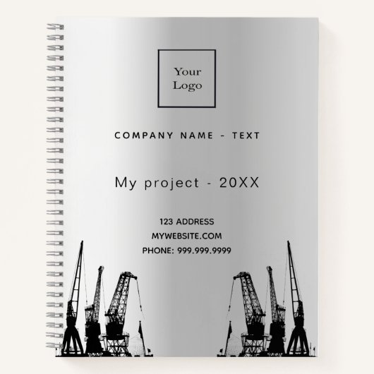 Carnet grues de construction argentées logo d'entreprise (Devant)