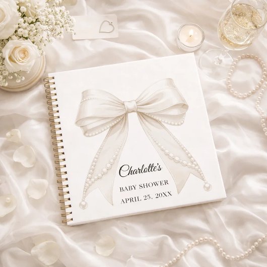 Carnet Guest book Baby Shower bow ivory white pearls