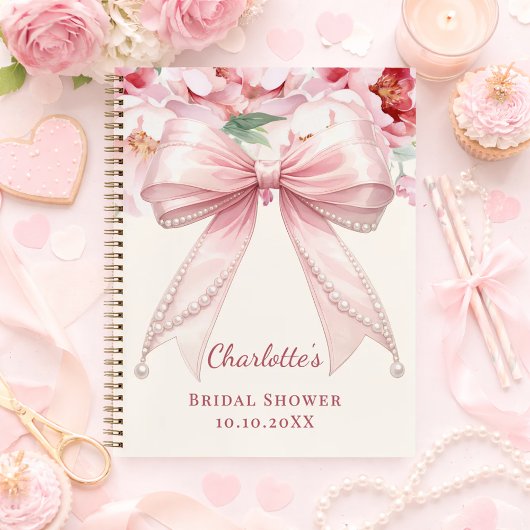 Carnet Guest book Bridal Shower pink bow florals pearls