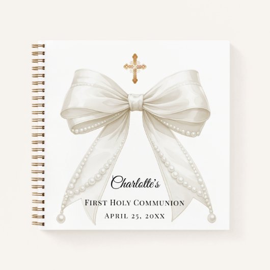 Carnet Guest book First Communion bow ivory white pearls (Devant)