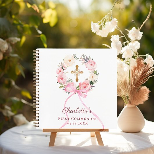 Carnet Guest book First Communion floral wreath pink bow