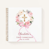 Carnet Guest book First Communion floral wreath pink bow (Devant)