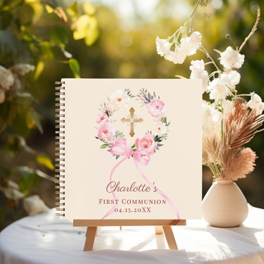 Carnet Guest book First Communion ivory blush bow floral