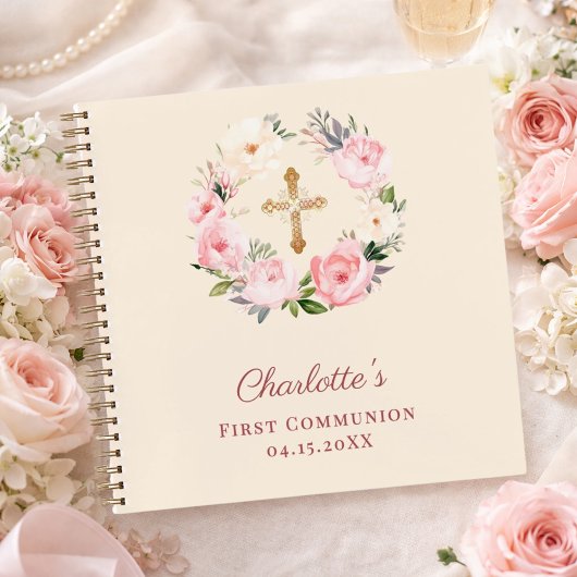 Carnet Guest book First Communion ivory blush pink floral