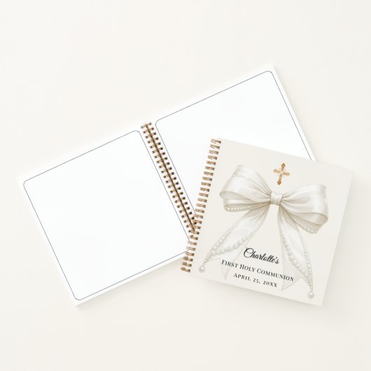 Carnet Guest book First Communion ivory bow pearls (Intérieur)