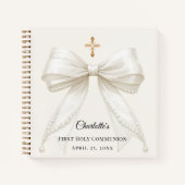 Carnet Guest book First Communion ivory bow pearls (Devant)