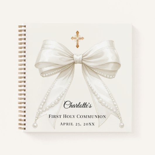 Carnet Guest book First Communion ivory bow pearls (Devant)