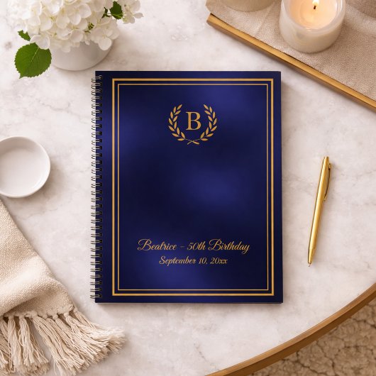 Carnet Guest Book navy blue gold Monogram wreath Birthday