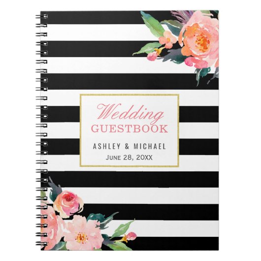 Carnet Guestbook floral de mariage de rayure blanche (Devant)