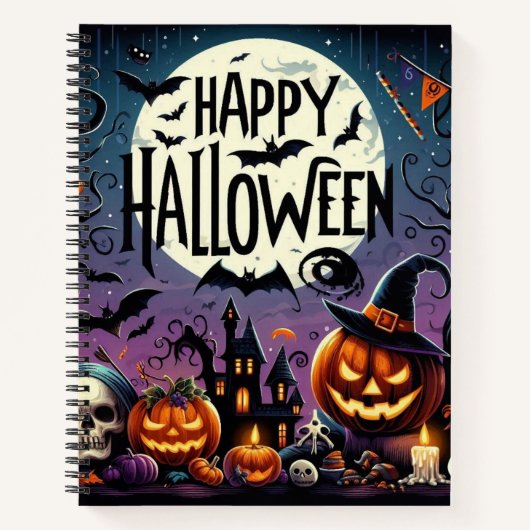 Carnet Halloween Citrouilles de nuit, crânes et maison ha (Devant)