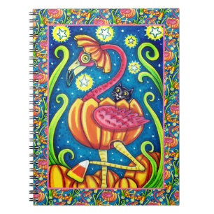 CARNET HALLOWEEN FLAMANT ROSE ROSE & CHAT NOIR EN CITROUI