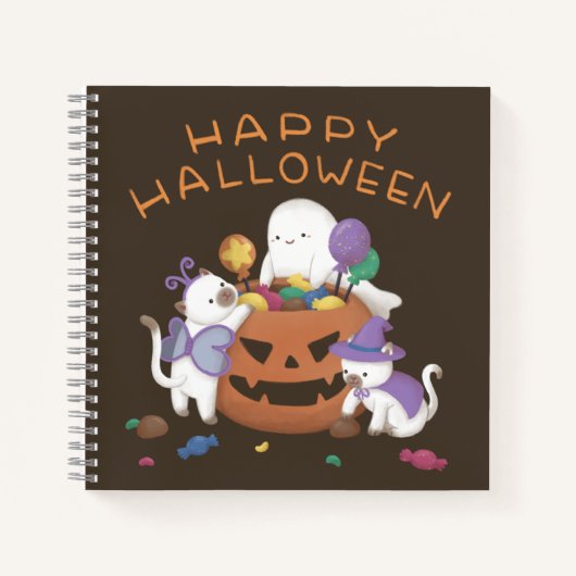 Carnet Halloween heureux : Chats et fantômes (Devant)