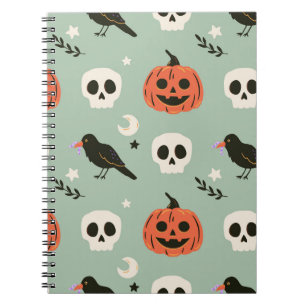 Carnet Halloween seamless pattern with ravens, skulls and
