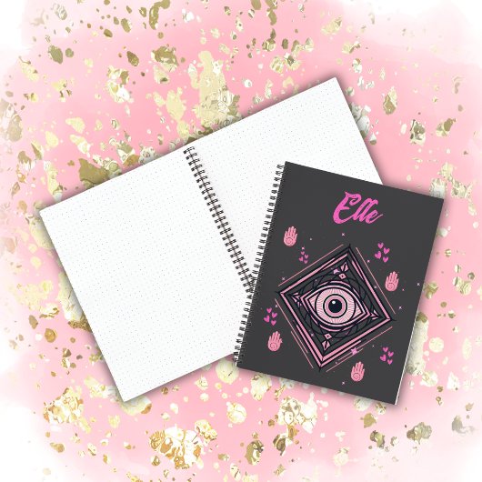 Carnet Hamsa main avec le mal oeil et les coeurs rose sur