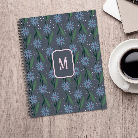 Carnet Hand-Drawn Dusty Blue Retro Daisy Monogram