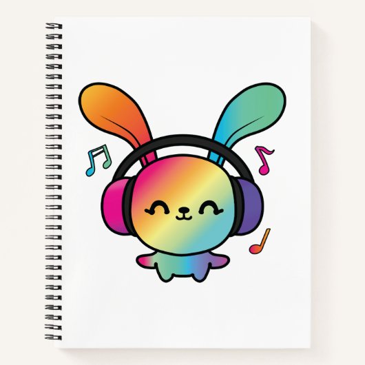 Carnet Happy Bunny avec écouteurs écoutant de la musique. (Devant)