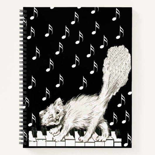 Carnet Happy Fluffy White Cat sur Piano Keys Notes musica (Devant)