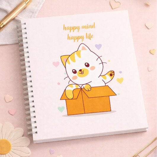 Carnet Happy Mind Happy Life Cute Cat Illustration