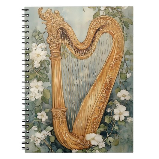 Carnet harpe ornementale entourée de fleurs blanches (Devant)