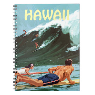 Carnet Hawaii, surfeurs attendant une grosse vague,