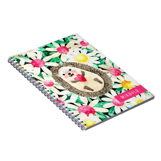 Carnet Hérisson mignon en Fleurs rose Jaune Personnalisé (Côté Droit)