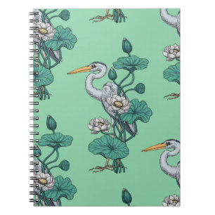 Carnet Héron dans le jardin de lotus blanc sur jade