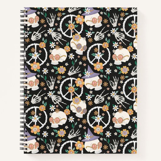 Carnet Hippie Halloween Skulls et Fleurs Motif (Devant)