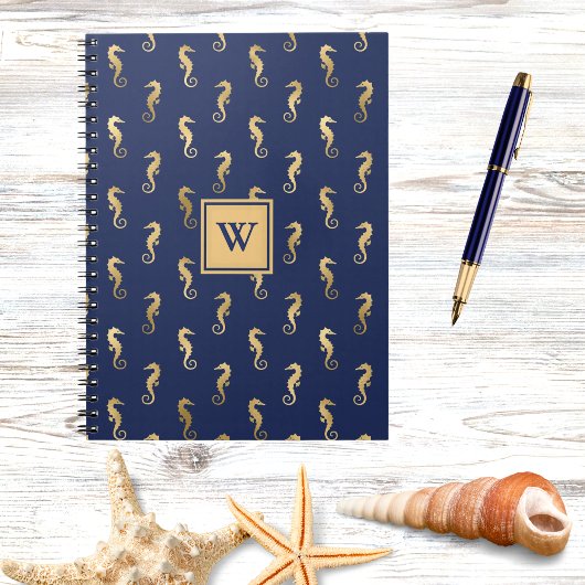Carnet Hippocampes en élégant marine et initiale monogram