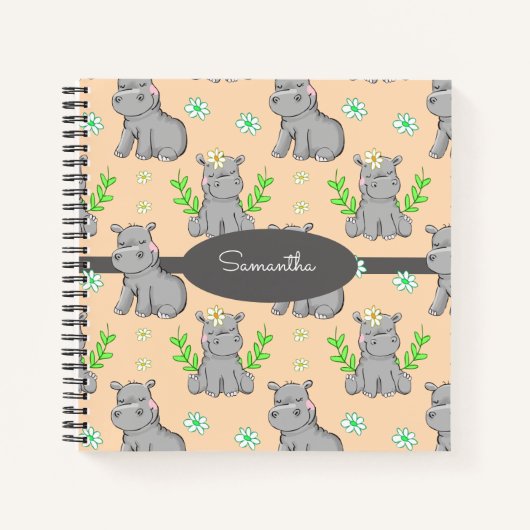 Carnet Hippopotames mignons et fleurs Nom personnalisé du (Devant)