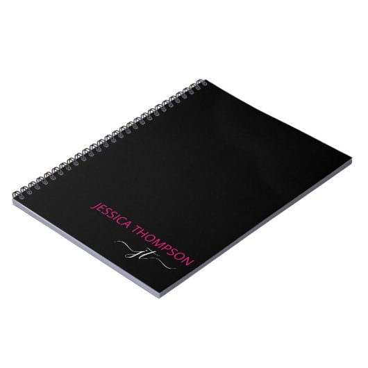 Carnet Hot Pink Modern Black Simple Script Monogram (Côté gauche)