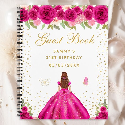 Carnet Hot rose Floral Brown Hair Princess Guest Book