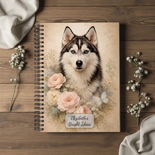 Carnet Husky sibérien avec des roses