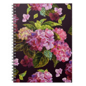 Carnet Hydrangée, foncé, motif floral transparent. (Devant)